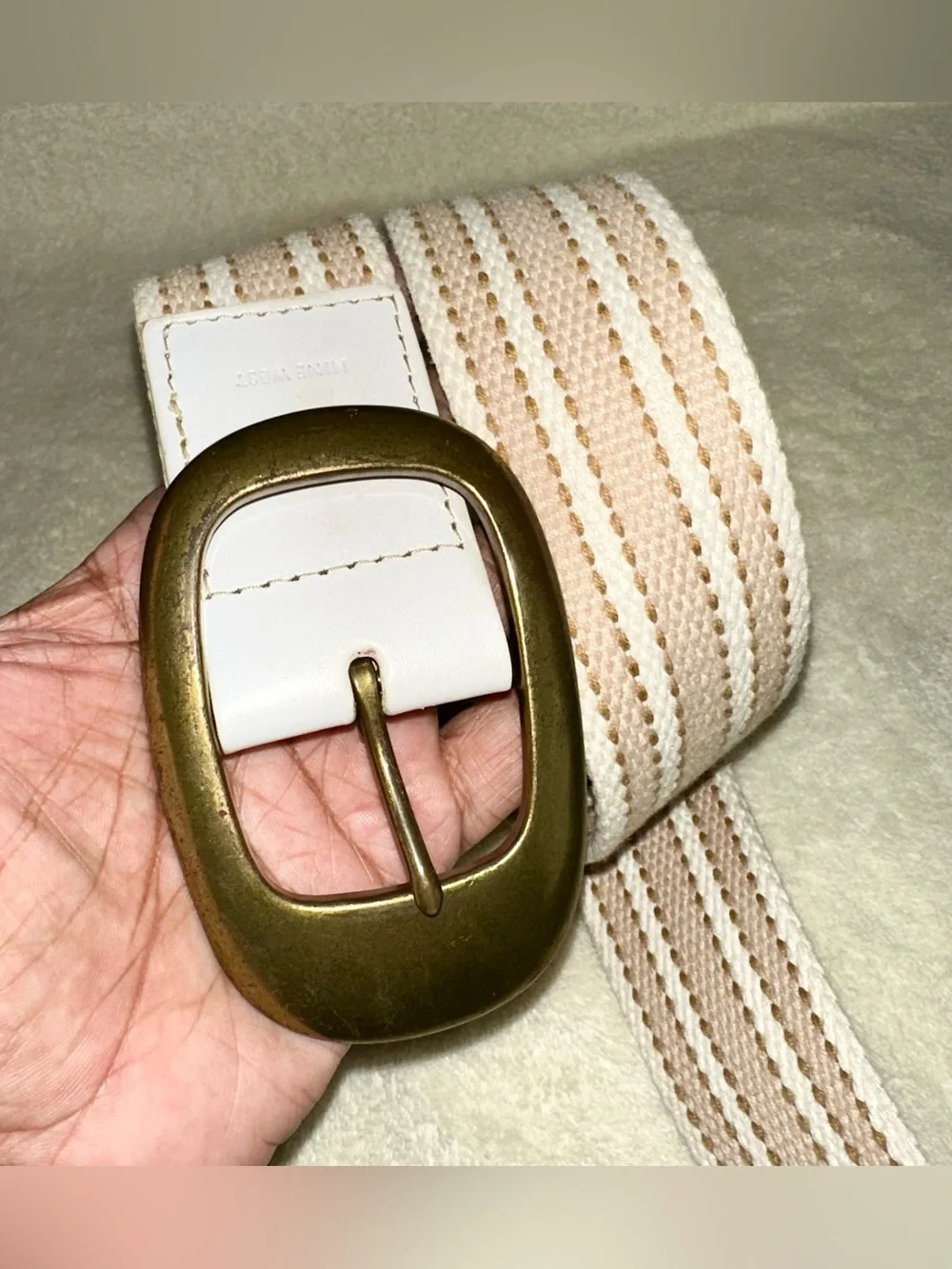 Nine West Vintage Y2K Cotton Web Belt Striped White Leather Brass Buckle Large